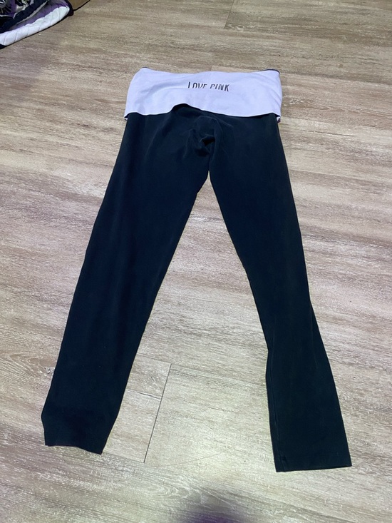 PINK Victoria's Secret Pants - PINK Victoria's Secret Black Leggings with White/Lilac Fold-Over Waistband Y2K